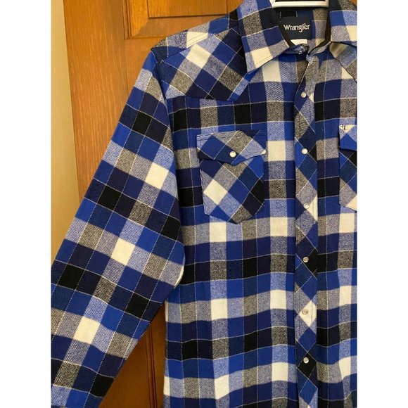 Wrangler Western Shirt Men Large Blue Plaid Flannel Pearl Snap Cowboy Pockets - Picture 5 of 16